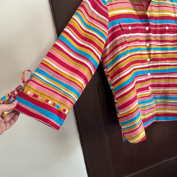 ANNE CARSON | Red Yellow and Blue striped Silk Button down Shirt | Large - Picture 5 of 8